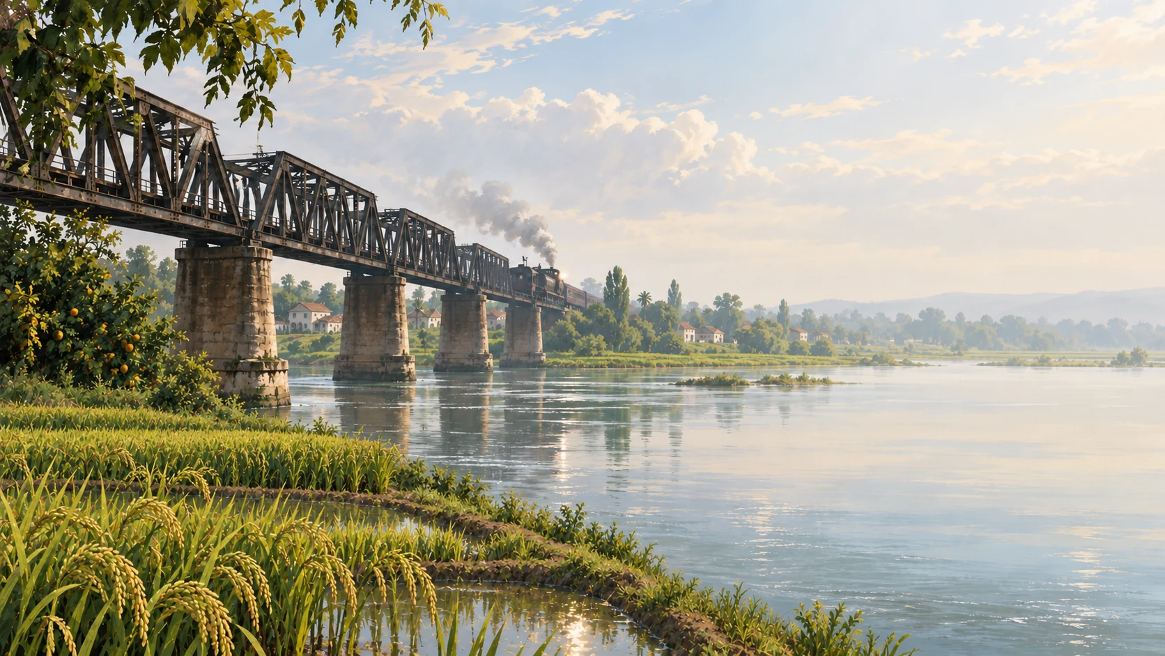 تصویر هنری پل راهآهن روی رود تجن و شالیزارهای ساری